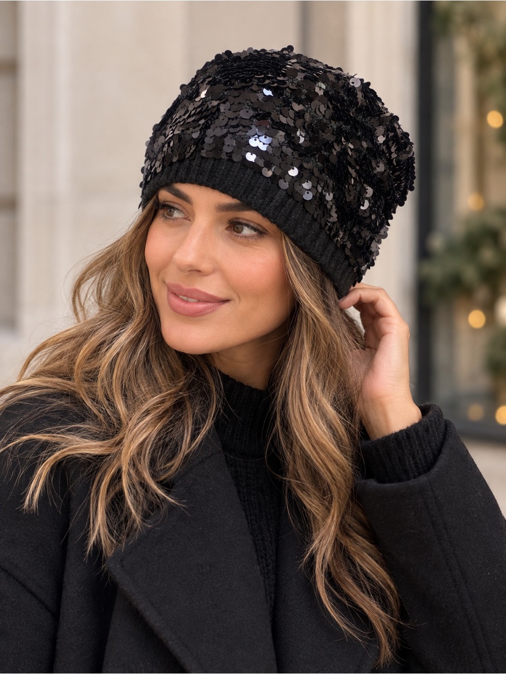 Express Black Sequin Beanie Hat